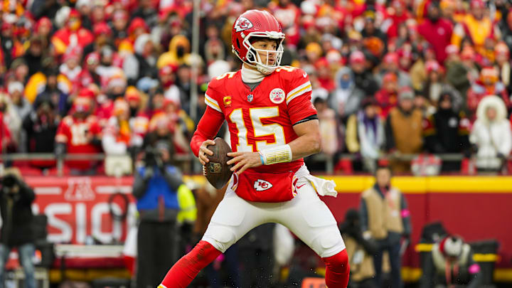 Jan 18, 2025; Kansas City, Missouri, USA; Kansas City Chiefs quarterback Patrick Mahomes (15) drops back to pass during the first half against Houston Texans in a 2025 AFC divisional round game at GEHA Field at Arrowhead Stadium. Mandatory Credit: Jay Biggerstaff-Imagn Images