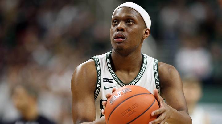 Mar 8, 2020; East Lansing, Michigan, USA;  Michigan State Spartans guard Cassius Winston (5) attempts a free throw during the second half of a game against the Ohio State Buckeyes at the Breslin Center. Mandatory Credit: Mike Carter-Imagn Images
