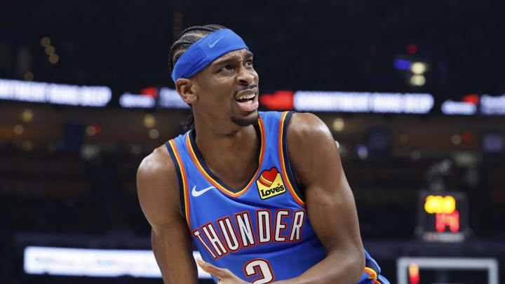 Jan 31, 2024; Oklahoma City, Oklahoma, USA; Oklahoma City Thunder guard Shai Gilgeous-Alexander (2) reacts after a play against the Denver Nuggets during the second quarter at Paycom Center. Mandatory Credit: Alonzo Adams-USA TODAY Sports