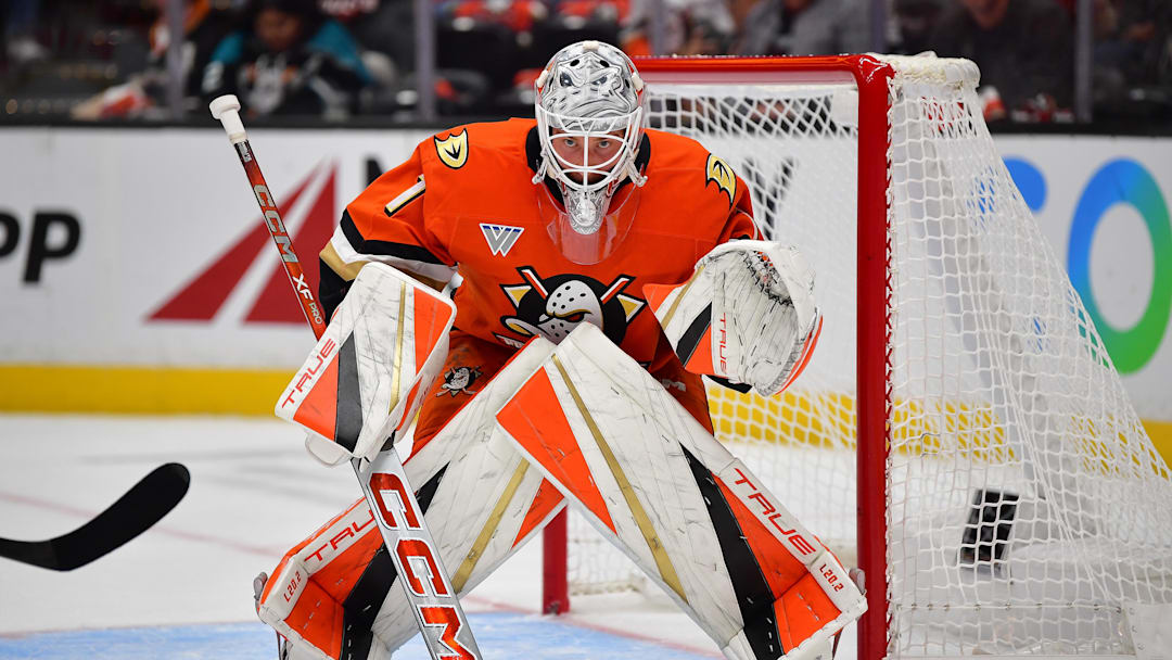 Oct 16, 2024; Anaheim, California, USA; Anaheim Ducks goaltender Lukas Dostal (1) defends the goal against Utah Hockey Club during the first period at Honda Center. Mandatory Credit: Gary A. Vasquez-Imagn Images
