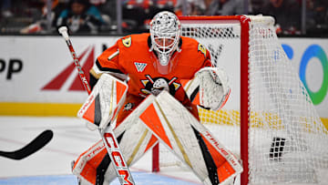 Oct 16, 2024; Anaheim, California, USA; Anaheim Ducks goaltender Lukas Dostal (1) defends the goal against Utah Hockey Club during the first period at Honda Center. Mandatory Credit: Gary A. Vasquez-Imagn Images