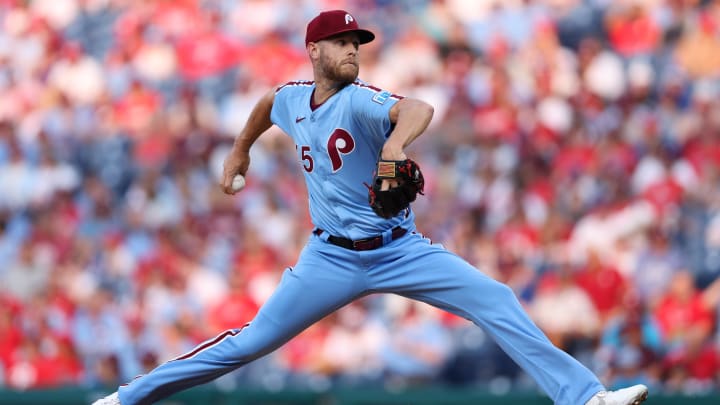 Aug 15, 2024; Philadelphia, Pennsylvania, USA; Philadelphia Phillies pitcher Zack Wheeler (45) throws a pitch during the first inning against the Washington Nationals at Citizens Bank Park.