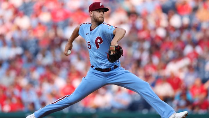 Aug 15, 2024; Philadelphia, Pennsylvania, USA; Philadelphia Phillies pitcher Zack Wheeler (45) throws a pitch during the first inning against the Washington Nationals at Citizens Bank Park.