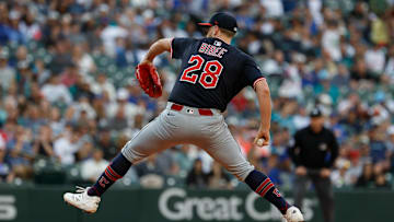 Tanner Bibee throws a pitch for the Cleveland Guardians versus the Seattle Mariners.