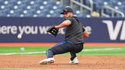 Toronto Blue Jays third base Isiah Kiner-Falefa (7) fields balls during batting practice before a game against the New York Yankees at Rogers Centre.