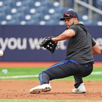 Toronto Blue Jays third base Isiah Kiner-Falefa (7) fields balls during batting practice before a game against the New York Yankees at Rogers Centre.