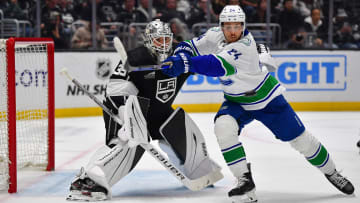 Mar 5, 2024; Los Angeles, California, USA; Vancouver Canucks center Pius Suter (24) moves in for the
