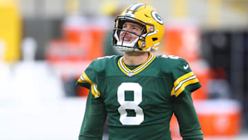 Jan 16, 2021; Green Bay, Wisconsin, USA; Green Bay Packers quarterback Tim Boyle (8) against the Los Angeles Rams during the NFC Divisional Round at Lambeau Field. Mandatory Credit: Mark J. Rebilas-Imagn Images