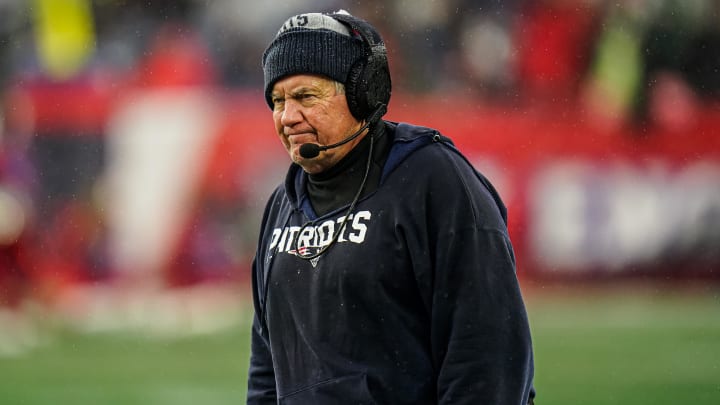 Dec 3, 2023; Foxborough, Massachusetts, USA; New England Patriots head coach Bill Belichick watches from the sideline as they take on the Los Angeles Chargers at Gillette Stadium.