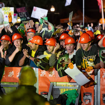 Oregon fans pack the barricade ahead of ESPN’s “College GameDay”