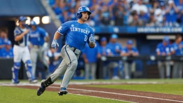Jun 2, 2024; Lexington, KY, USA; Kentucky Wildcats outfielder Ryan Waldschmidt (21) runs to first base during the fourth inning against the Indiana State Sycamores at Kentucky Proud Park. Mandatory Credit: Jordan Prather-USA TODAY Sports