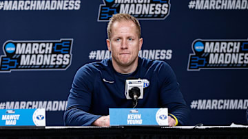 Mar 19, 2025; Denver, CO, USA; BYU Cougars head coach Kevin Young during a press conference at Ball Arena. Mandatory Credit: Isaiah J. Downing-Imagn Images