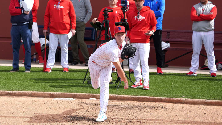 Feb 14, 2024; Clearwater, FL, USA; Philadelphia Phillies Pitcher Mick Abel throws a pitch during the first day of Phillies Spring Training at Baycare Ballpark in Clearwater, Florida. 