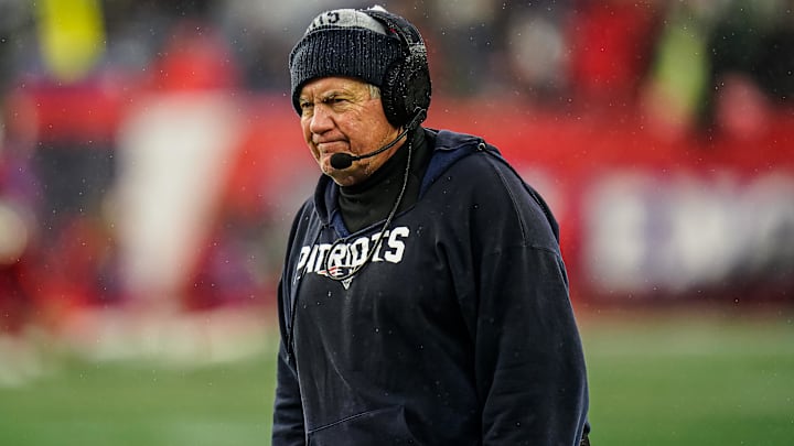 Dec 3, 2023; Foxborough, Massachusetts, USA; New England Patriots head coach Bill Belichick watches from the sideline as they take on the Los Angeles Chargers at Gillette Stadium.