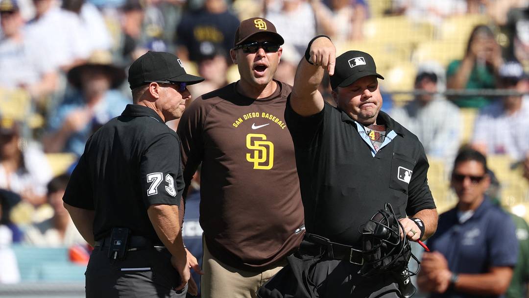 San Diego Padres manager Craig Stammen is ejected by home plate umpire Nick Mahrley in the first inning during their game against the Los Angeles Dodgers at Dodger Stadium on July 5, 2026.
