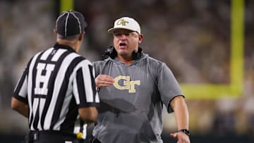 Nov 22, 2025; Atlanta, Georgia, USA; Georgia Tech Yellow Jackets head coach Brent Key calls a timeout against the Pittsburgh Panthers in the second quarter at Bobby Dodd Stadium at Hyundai Field. Mandatory Credit: Brett Davis-Imagn Images