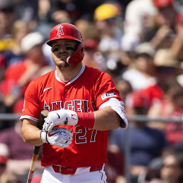 Mar 16, 2025; Tempe, Arizona, USA; Los Angeles Angels designated hitter Mike Trout against the San Diego Padres during a spring training game at Tempe Diablo Stadium. Mandatory Credit: Mark J. Rebilas-Imagn Images