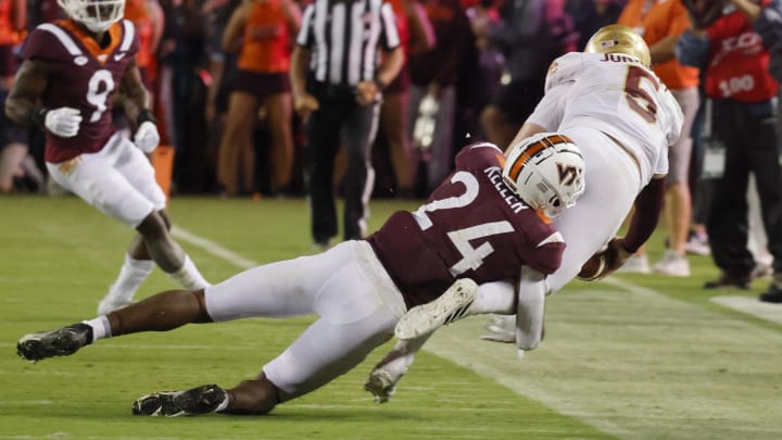 Sep 10, 2022; Blacksburg, Virginia, USA;  Virginia Tech Hokies linebacker Jaden Keller (24) tackles Boston College Eagles quarterback Phil Jurkovec (5) during the second quarter at Lane Stadium. Mandatory Credit: Reinhold Matay-USA TODAY Sports