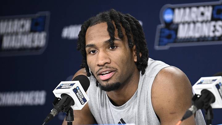 Mar 19, 2026; San Diego, CA, USA; Kansas Jayhawks guard Darryn Peterson (22) speaks at a news conference ahead of the first round of the men's 2026 NCAA Tournament at Viejas Arena. Mandatory Credit: Denis Poroy-Imagn Images