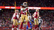 Dec 12, 2024; Santa Clara, California, USA; San Francisco 49ers linebacker Fred Warner (54) reacts after making a tackle against the Los Angeles Rams in the fourth quarter at Levi's Stadium. Mandatory Credit: Cary Edmondson-Imagn Images