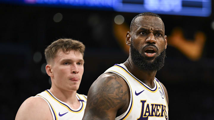Dalton Knecht and LeBron James during the Lakers' 131–127 win over the Kings on Dec. 21, 2024.