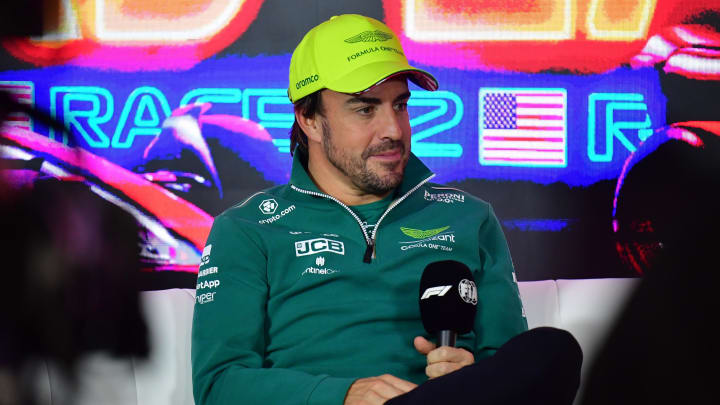 Nov 15, 2023; Las Vegas, Nevada, USA; Aston Martin driver Fernando Alonso of Spain during media availabilities at Las Vegas Strip Circuit. Mandatory Credit: Gary A. Vasquez-USA TODAY Sports