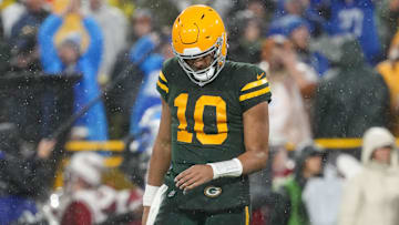 Nov 3, 2024; Green Bay, Wisconsin, USA;  Green Bay Packers quarterback Jordan Love (10) hangs his head after throwing an interception during the second quarter against the Detroit Lions at Lambeau Field.