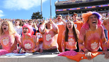 Oct 19, 2024; Clemson, South Carolina, USA; Clemson Tigers fans react at the end of the game against the Virginia Cavaliers at Memorial Stadium. Mandatory Credit: Alexander Hicks-Imagn Images