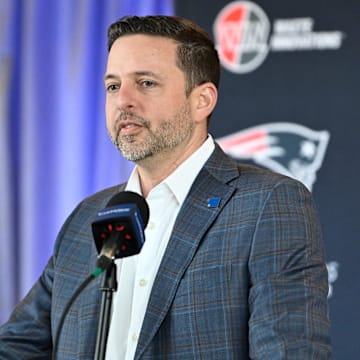 Mar 13, 2025; Foxborough, MA, USA; New England Patriots executive vice president of player personnel Eliot Wolf  discusses the teamís recent free agent additions with the media at Gillette Stadium. Mandatory Credit: Eric Canha-Imagn Images