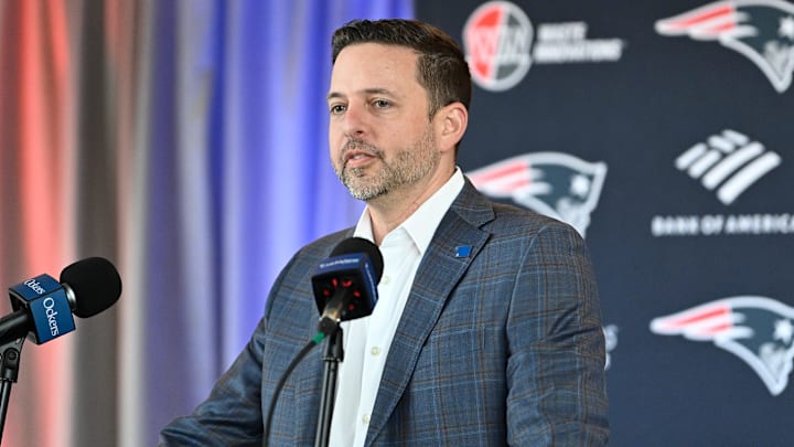 Mar 13, 2025; Foxborough, MA, USA; New England Patriots executive vice president of player personnel Eliot Wolf  discusses the teamís recent free agent additions with the media at Gillette Stadium. Mandatory Credit: Eric Canha-Imagn Images
