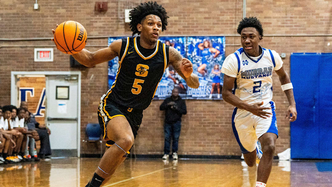 Starkville’s Jaden Tate (5) drives toward the basket during a high school boys basketball game between Murrah and Starkville at Murrah High School in Jackson, Miss., on Friday, Jan. 16, 2026. Starkville defeated Murrah 44-41.