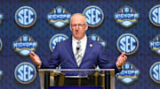Jul 16, 2025; Atlanta, GA, USA; SEC commissioner Greg Sankey speaks to the media during the SEC Media Day at Omni Atlanta Hotel. Mandatory Credit: Jordan Godfree-Imagn Images