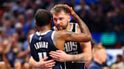 May 11, 2024; Dallas, Texas, USA; Dallas Mavericks guard Luka Doncic (77) celebrates with Dallas Mavericks guard Kyrie Irving (11) during the second half against the Oklahoma City Thunder during game three of the second round for the 2024 NBA playoffs at American Airlines Center. Mandatory Credit: Kevin Jairaj-Imagn Images