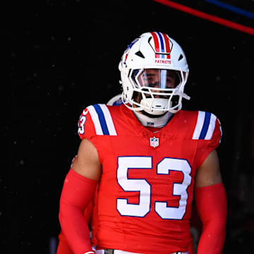 Dec 1, 2024; Foxborough, Massachusetts, USA; New England Patriots linebacker Christian Elliss (53) walks out of the player's tunnel before a game against the Indianapolis Colts at Gillette Stadium. Mandatory Credit: Eric Canha-Imagn Images