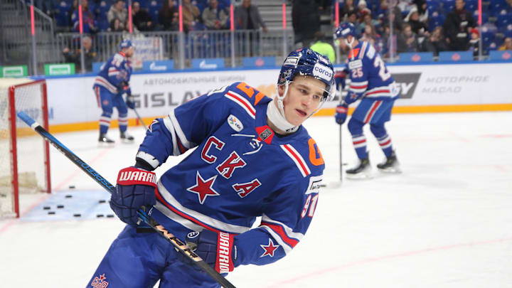Ivan Demidov (91) of SKA Hockey Club seen in action during...