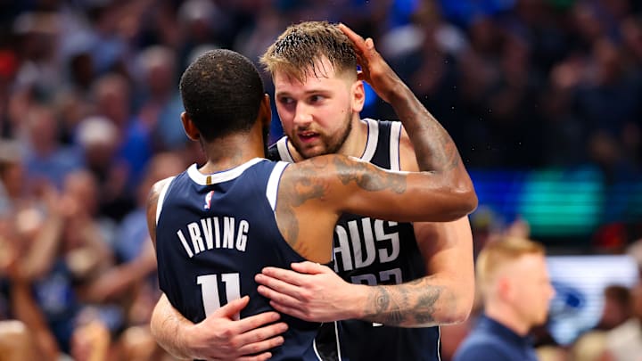 May 11, 2024; Dallas, Texas, USA; Dallas Mavericks guard Luka Doncic (77) celebrates with Dallas Mavericks guard Kyrie Irving (11) during the second half against the Oklahoma City Thunder during game three of the second round for the 2024 NBA playoffs at American Airlines Center. Mandatory Credit: Kevin Jairaj-Imagn Images