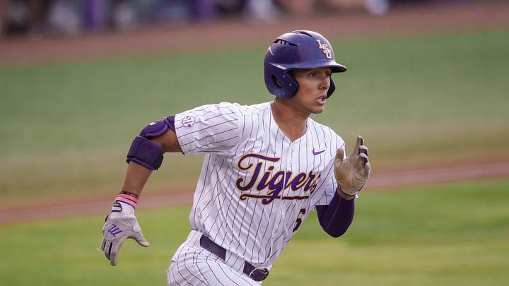Apr 28, 2026; Baton Rouge, LA, USA; Louisiana State Tigers outfielder Derek Curiel (6) runs against Southeastern Louisiana at Alex Box Stadium. Mandatory Credit: Matthew Hinton-Imagn Images