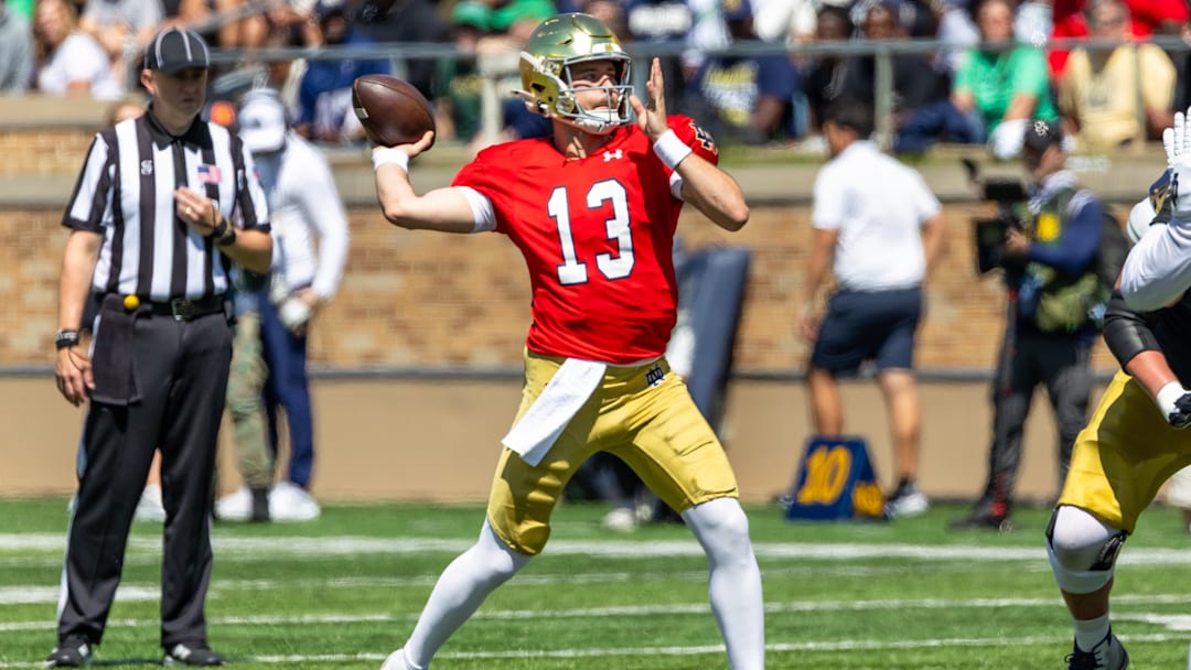 Apr 25, 2026; Notre Dame, IN, USA; Notre Dame Fighting Irish quarterback CJ Carr (13) throws a pass during the Blue-Gold game at Notre Dame Stadium. Mandatory Credit: Michael Caterina-Imagn Images