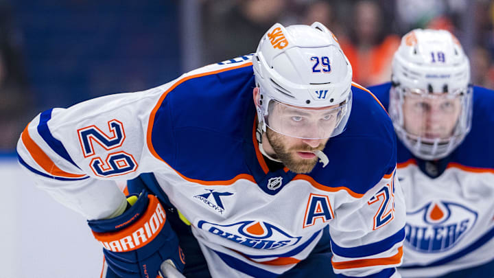 Jan 18, 2025; Vancouver, British Columbia, CAN; Edmonton Oilers forward Leon Draisaitl (29) during a stop in play against the Vancouver Canucks in the second period at Rogers Arena. Mandatory Credit: Bob Frid-Imagn Images
