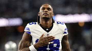 Jan 14, 2024; Arlington, Texas, USA; Dallas Cowboys wide receiver CeeDee Lamb (88) before the 2024 NFC wild card game against the Green Bay Packers at AT&T Stadium. Mandatory Credit: Kevin Jairaj-Imagn Images