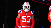 Dec 1, 2024; Foxborough, Massachusetts, USA; New England Patriots linebacker Christian Elliss (53) walks out of the player's tunnel before a game against the Indianapolis Colts at Gillette Stadium. Mandatory Credit: Eric Canha-Imagn Images