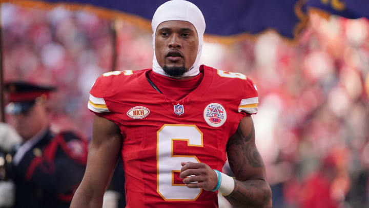 Oct 12, 2023; Kansas City, Missouri, USA; Kansas City Chiefs safety Bryan Cook (6) on field against the Los Angeles Chargers prior to a game at GEHA Field at Arrowhead Stadium. Mandatory Credit: Denny Medley-USA TODAY Sports