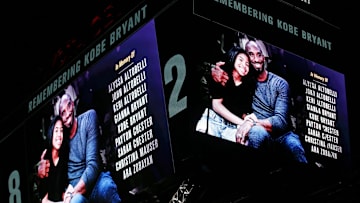 A tribute to Kobe  Bryant, his daughter Gianna Bryant, and all the other victims of the helicopter crash is displayed.