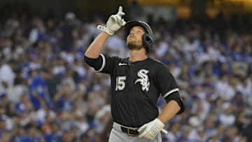 Jul 2, 2025; Los Angeles, California, USA;  Chicago White Sox outfielder Austin Slater (15) celebrates a two run home run during the third inning against the Los Angeles Dodgers at Dodger Stadium. Mandatory Credit: Jayne Kamin-Oncea-Imagn Images