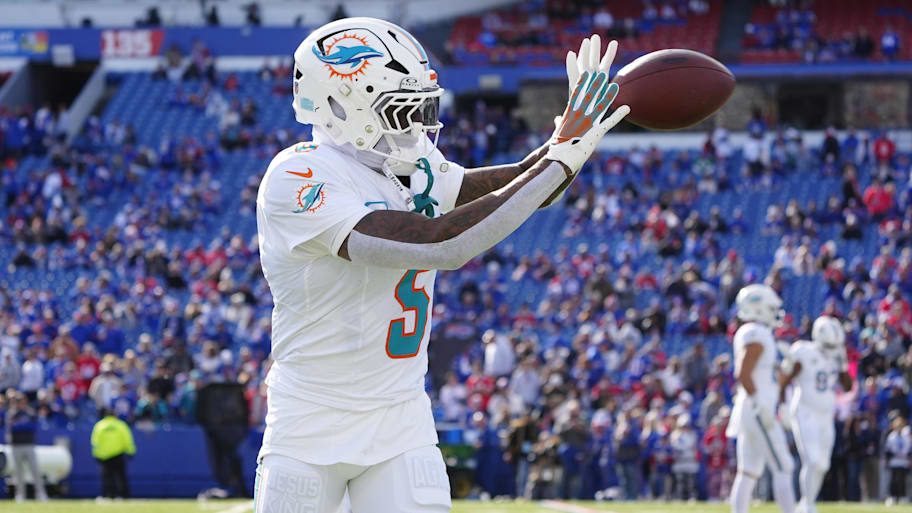 Miami Dolphins cornerback Jalen Ramsey (5) warms up prior to the game against the Buffalo Bills.