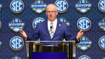 Jul 16, 2025; Atlanta, GA, USA; SEC commissioner Greg Sankey speaks to the media during the SEC Media Day at Omni Atlanta Hotel. Mandatory Credit: Jordan Godfree-Imagn Images