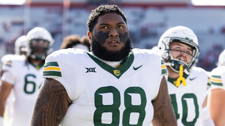 Nov 22, 2025; Tucson, Arizona, USA; Baylor Bears defensive lineman Samu Taumanupepe (88) against the Arizona Wildcats at Casino Del Sol Stadium. Mandatory Credit: Mark J. Rebilas-Imagn Images