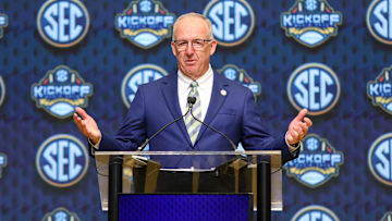 Jul 16, 2025; Atlanta, GA, USA; SEC commissioner Greg Sankey speaks to the media during the SEC Media Day at Omni Atlanta Hotel. Mandatory Credit: Jordan Godfree-Imagn Images