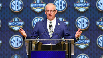 Jul 16, 2025; Atlanta, GA, USA; SEC commissioner Greg Sankey speaks to the media during the SEC Media Day.