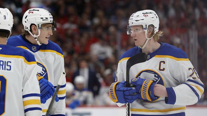 Apr 4, 2026; Washington, District of Columbia, USA; Buffalo Sabres center Tage Thompson (72) talks with Sabres defenseman Rasmus Dahlin (26) prior top a face-off against the Washington Capitals during the second period at Capital One Arena. Mandatory Credit: Geoff Burke-Imagn Images